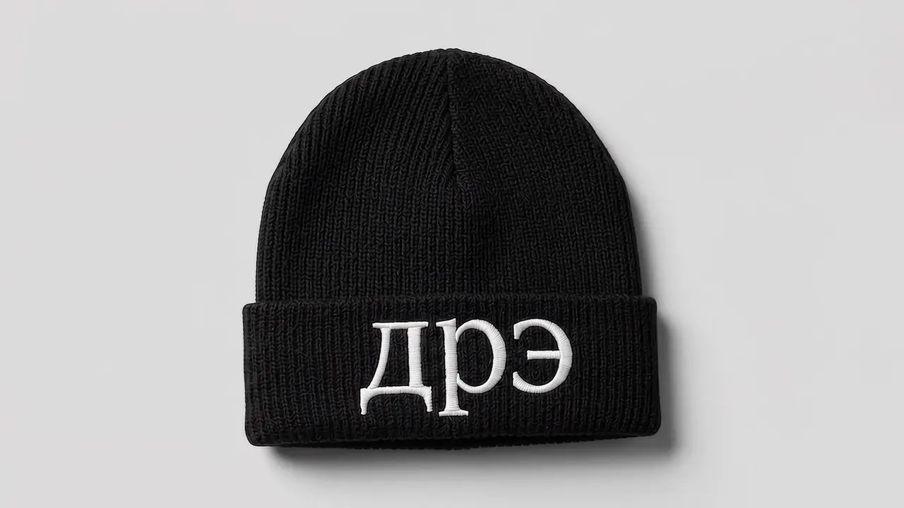 Black beanie with the дрЭ wordmark embroidered in white, seen from above. Concept image.