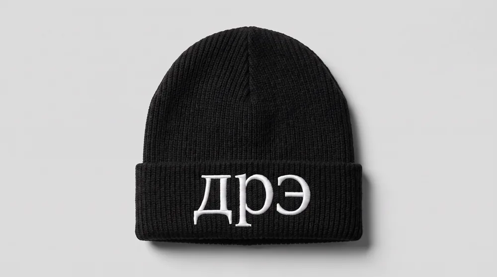 Black beanie with the дрЭ wordmark embroidered in white. Concept image.