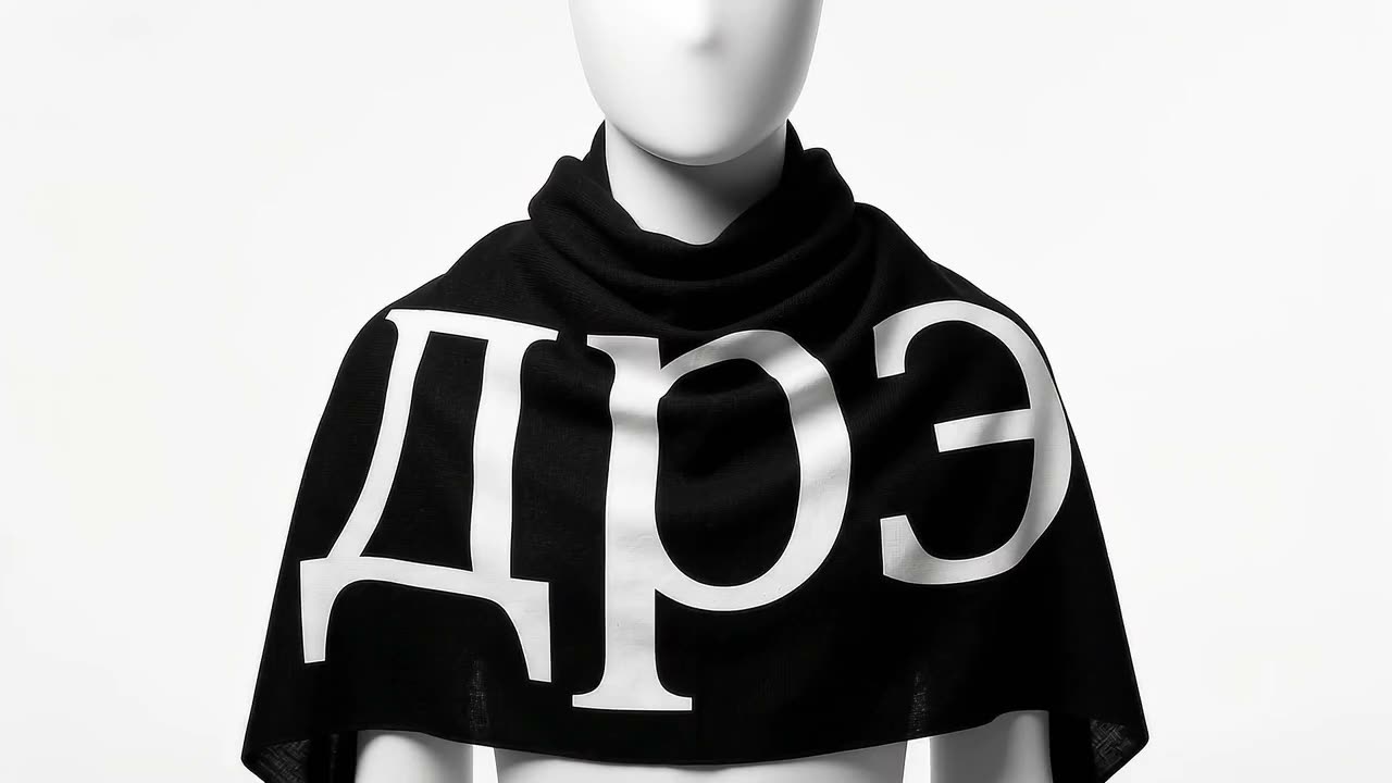 Black shawl on a mannequin, with the giant дрЭ wordmark in white. Concept image of an idea in the studio.